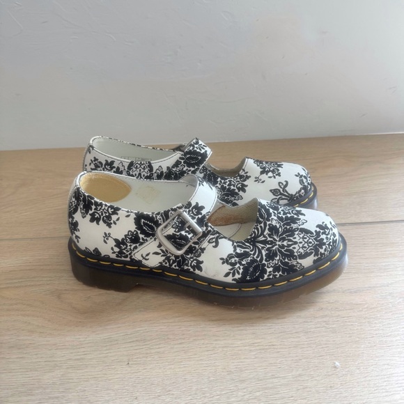 Dr. Martens Shoes - Dr. Martens White and Black Velvet Floral Mary Jane’s